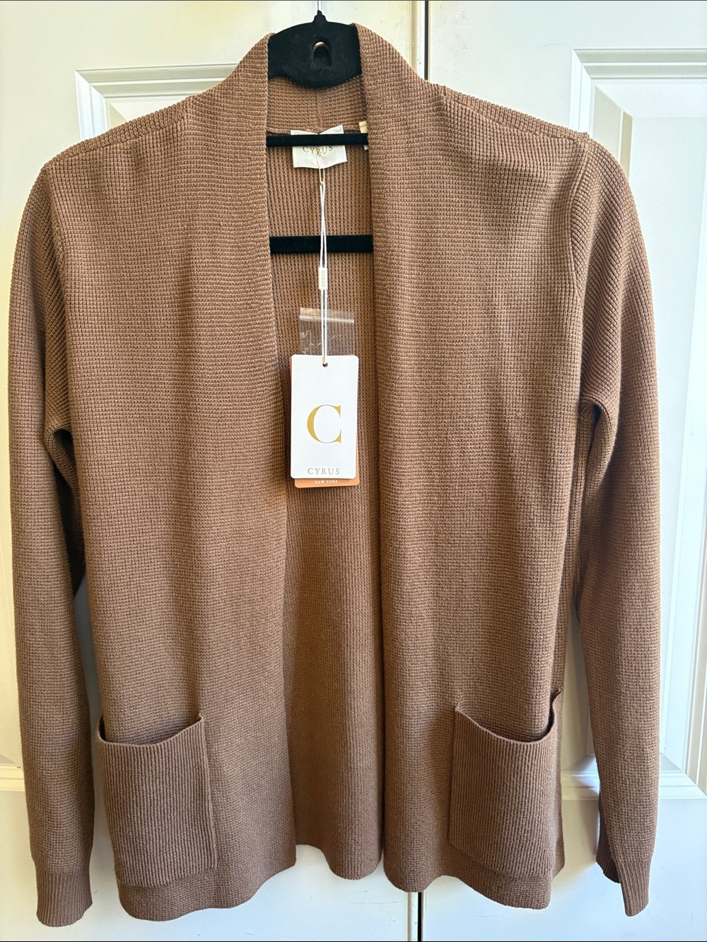 NWT Cyrus Tobacco Brown Long Open Front Pocket Cardigan Sweater Size S